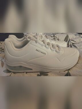 New, Skechers All-White Cushioned Lace-Up Sneakers